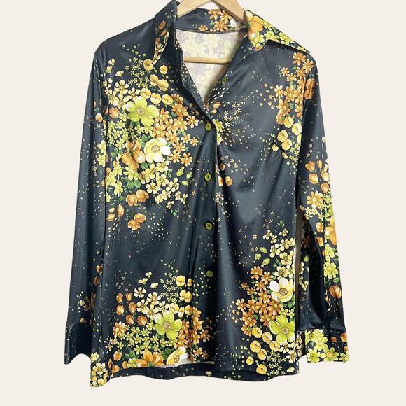 Vintage Tops - 70’s Vintage Black Floral Print Long Sleeve Blouse Size L